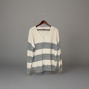 KNOX ROSE Women's Cream Green Striped Chunky Knit Long Sleeve V-Neck Sweater XL